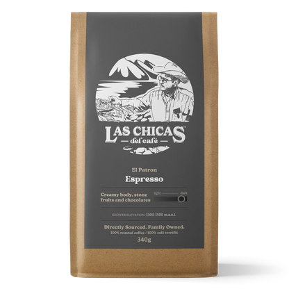A 340g bag of Las Chicas del Café Espresso coffee, featuring a kraft paper bag with a large dark gray label displaying the brand logo and product details.