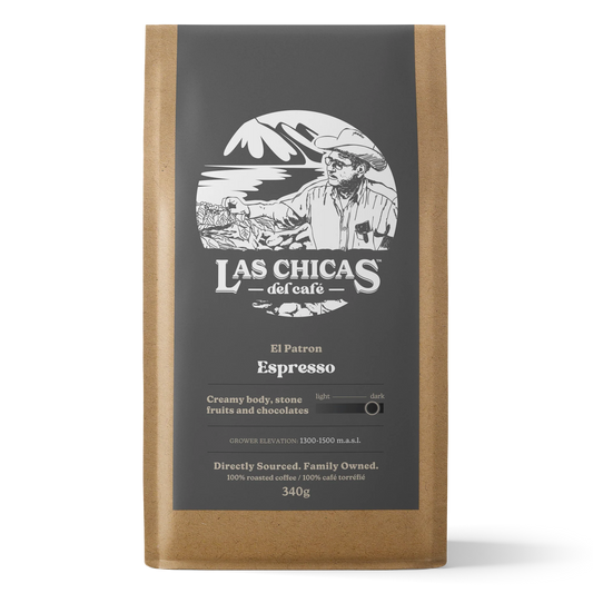 A 340g bag of Las Chicas del Café Espresso coffee, featuring a kraft paper bag with a large dark gray label displaying the brand logo and product details.