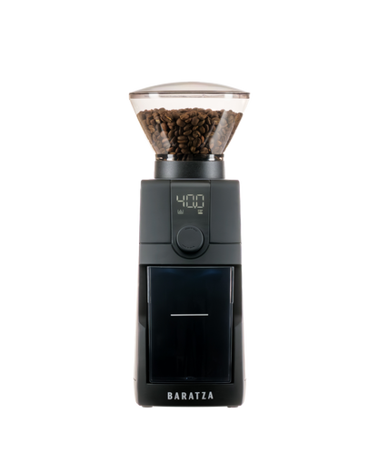 Baratza coffee grinder with digital display and coffee beans 