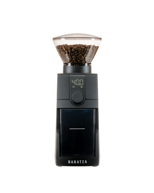 Baratza coffee grinder with digital display and coffee beans 