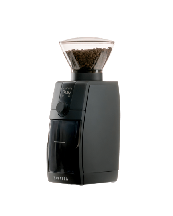 Black Baratza coffee grinder with a clear container showing coffee beans on a white background
