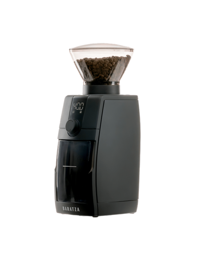 Black Baratza coffee grinder with a clear container showing coffee beans on a white background