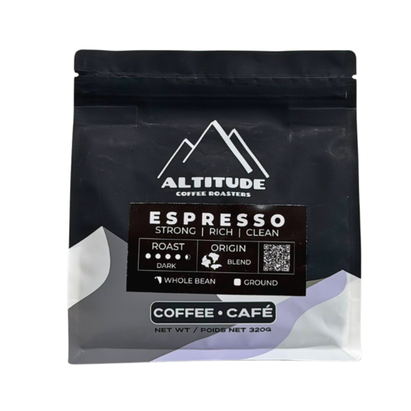 A 320g bag of Altitude Coffee Roasters Espresso whole bean coffee, in a matte black resealable pouch with white and dark brown label details, shown against a plain white background.