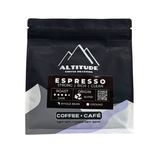 A 320g bag of Altitude Coffee Roasters Espresso whole bean coffee, in a matte black resealable pouch with white and dark brown label details, shown against a plain white background.