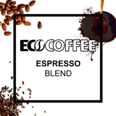 Promotional graphic for ECO COFFEE Espresso Blend, featuring the brand name in bold black and white lettering inside a black square frame, with coffee beans, a coffee splash, and a stream of espresso on a white background.