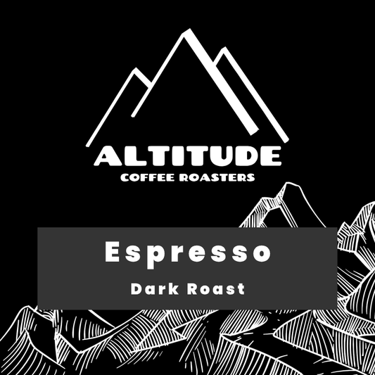 Black and white graphic for Altitude Coffee Roasters featuring a mountain logo, the text 'Espresso Dark Roast', and illustrated mountain silhouettes.