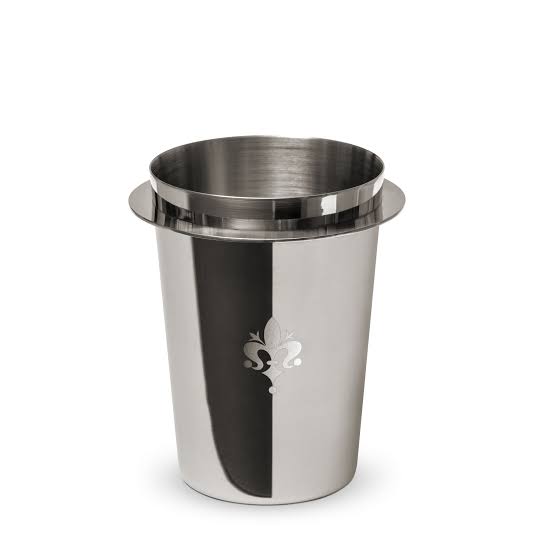 A stainless steel cup with a polished silver finish, featuring a vertical black reflection on the front and a fleur-de-lis logo near the base, set against a plain white background.