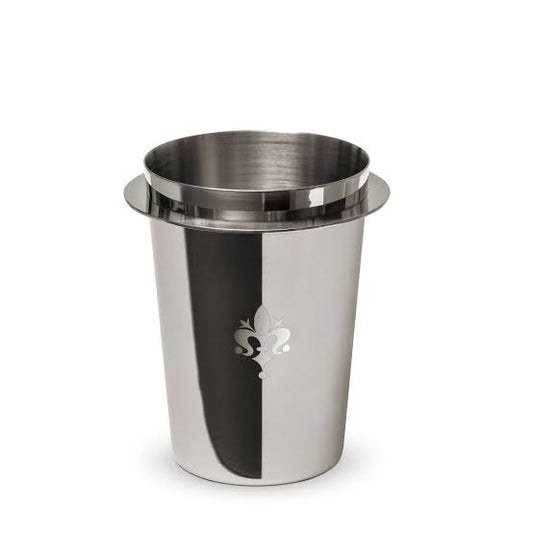 A stainless steel cup with a polished silver finish, featuring a vertical black reflection on the front and a fleur-de-lis logo near the base, set against a plain white background.
