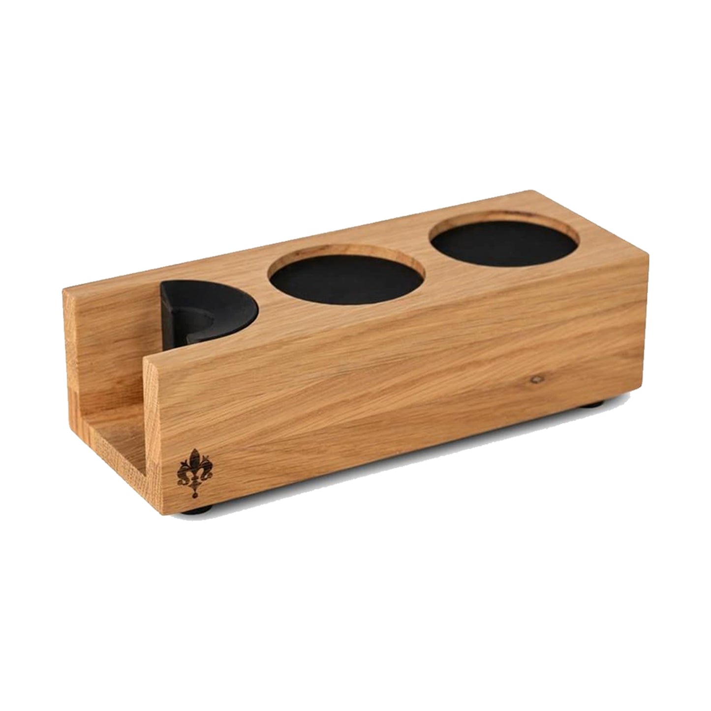 Wooden tamp station with two circular black spots on a white background