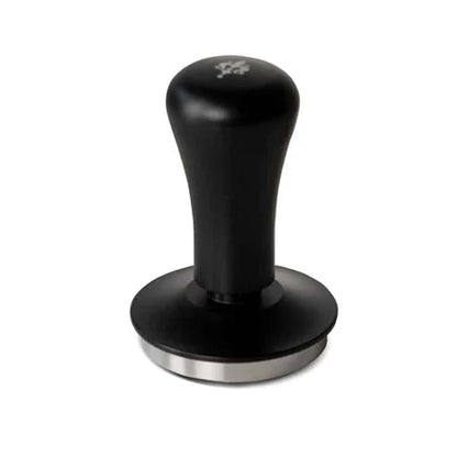 A black coffee tamper with a brushed silver metal base, shown on a clean white background.