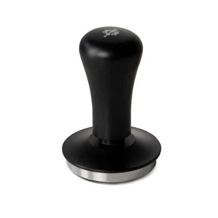 A black coffee tamper with a brushed silver metal base, shown on a clean white background.