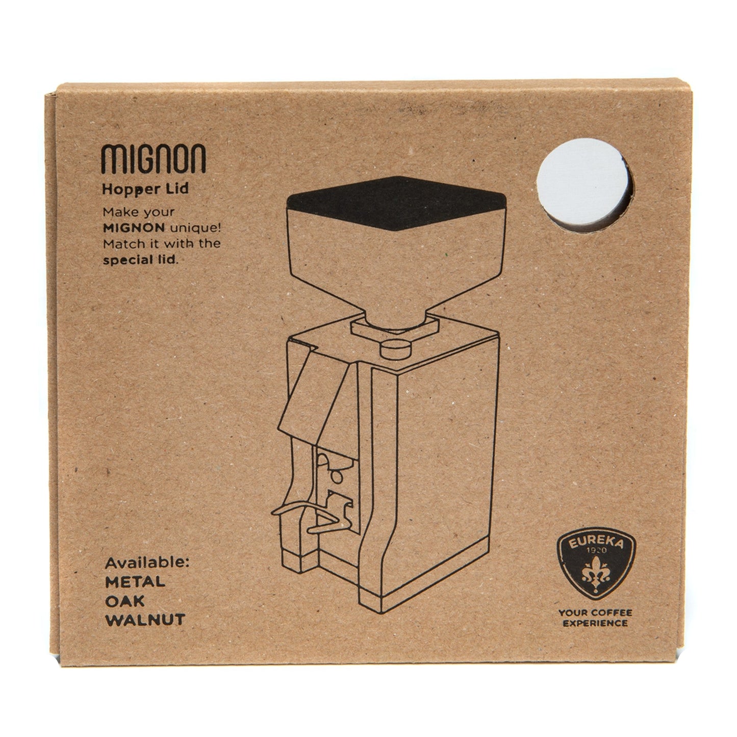 Cardboard packaging for a coffee grinder with 'Mignon' branding and product illustration.