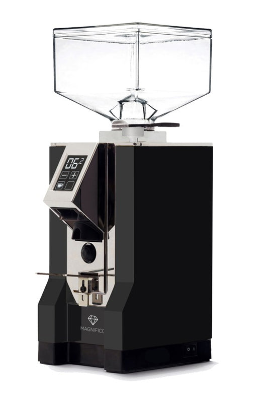 Black electric coffee grinder with clear hopper on a white background.