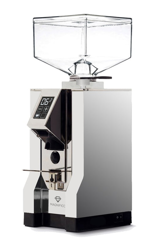 Polished metal coffee grinder with digital display on a white background