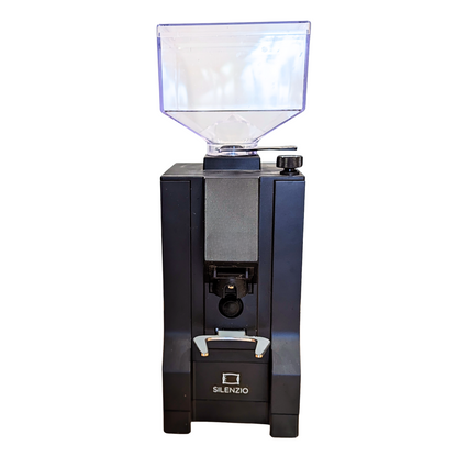 Black Eureka Mignon Silenzio coffee grinder with clear container on a white background