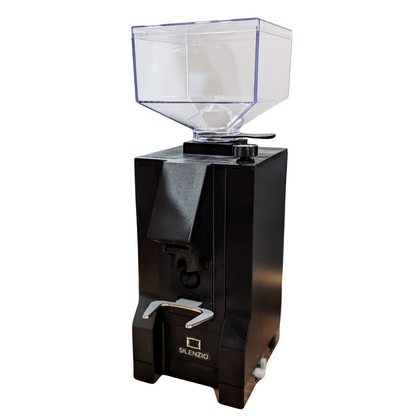 Black Eureka coffee grinder with clear container on a white background