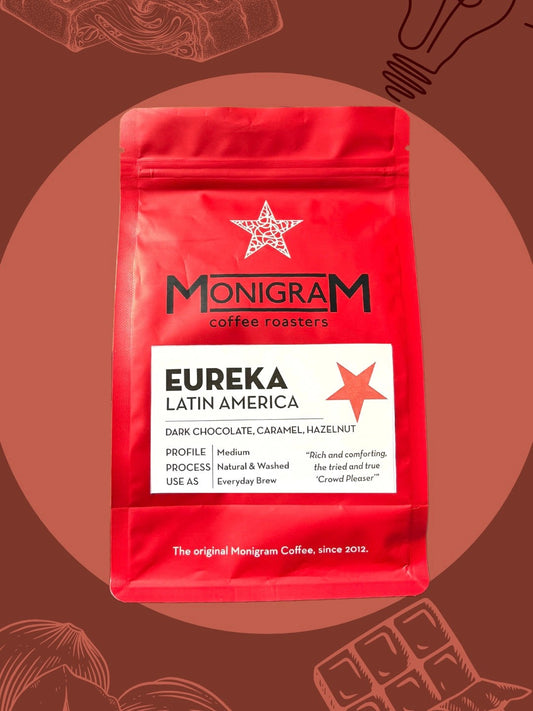 Red coffee bag with 'Monigram Coffee Roasters' branding on a brown background