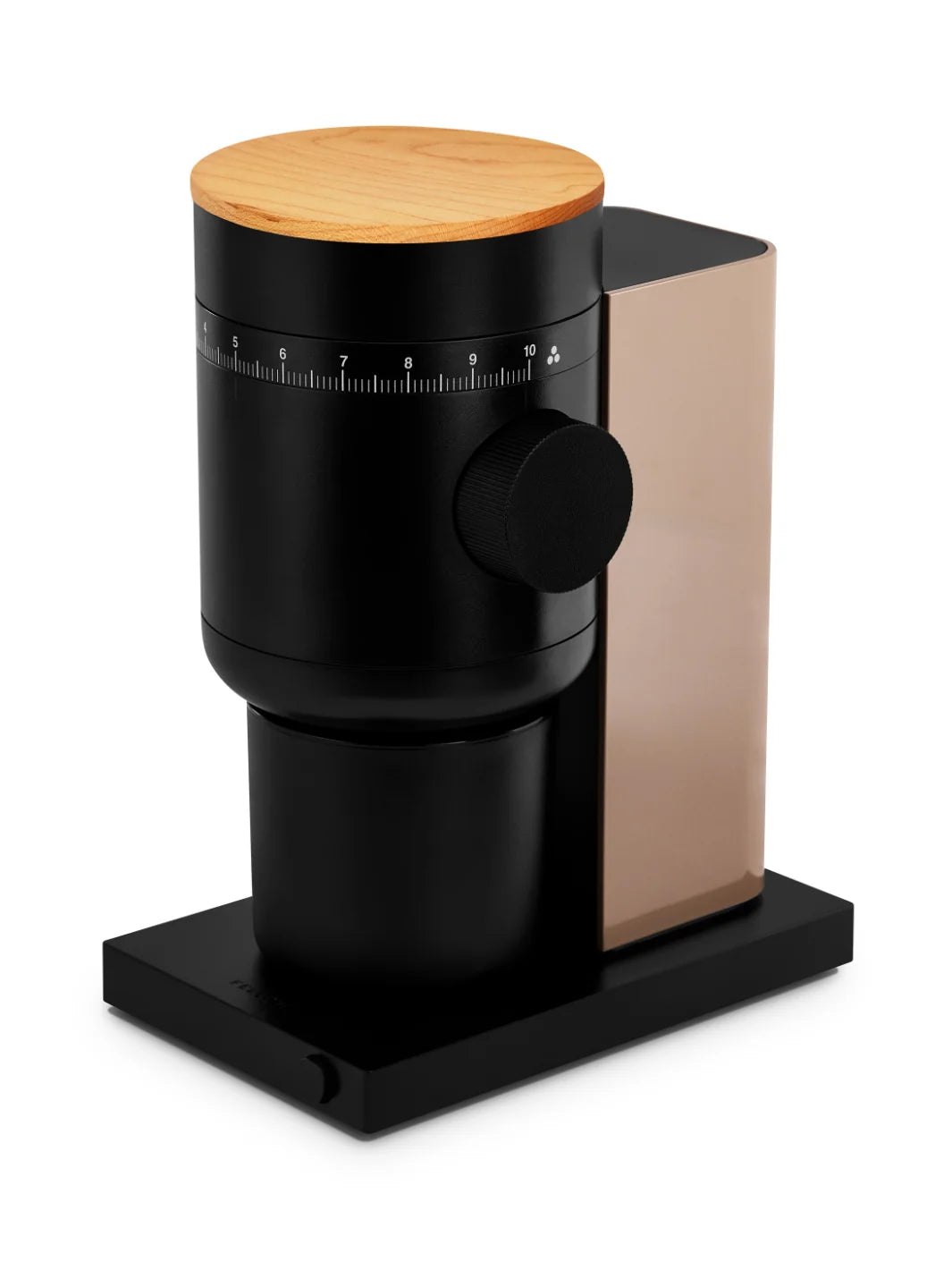 Black coffee grinder with wooden top and brown accents on a white background