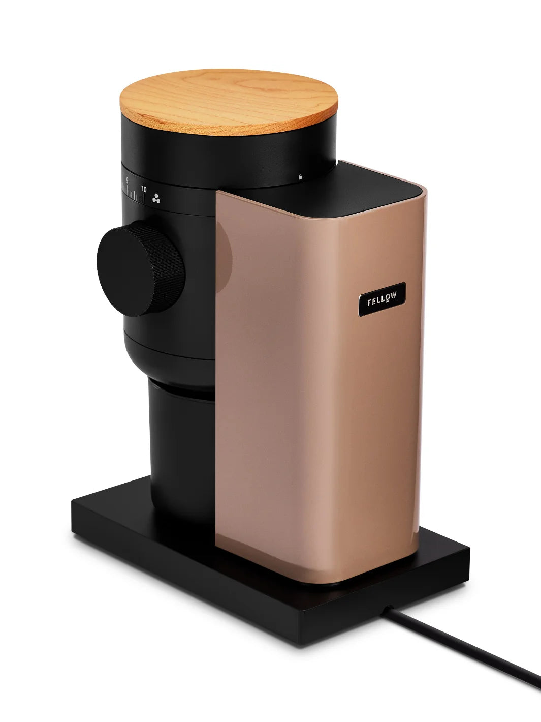 Coffee grinder with wooden top and brown body on a white background