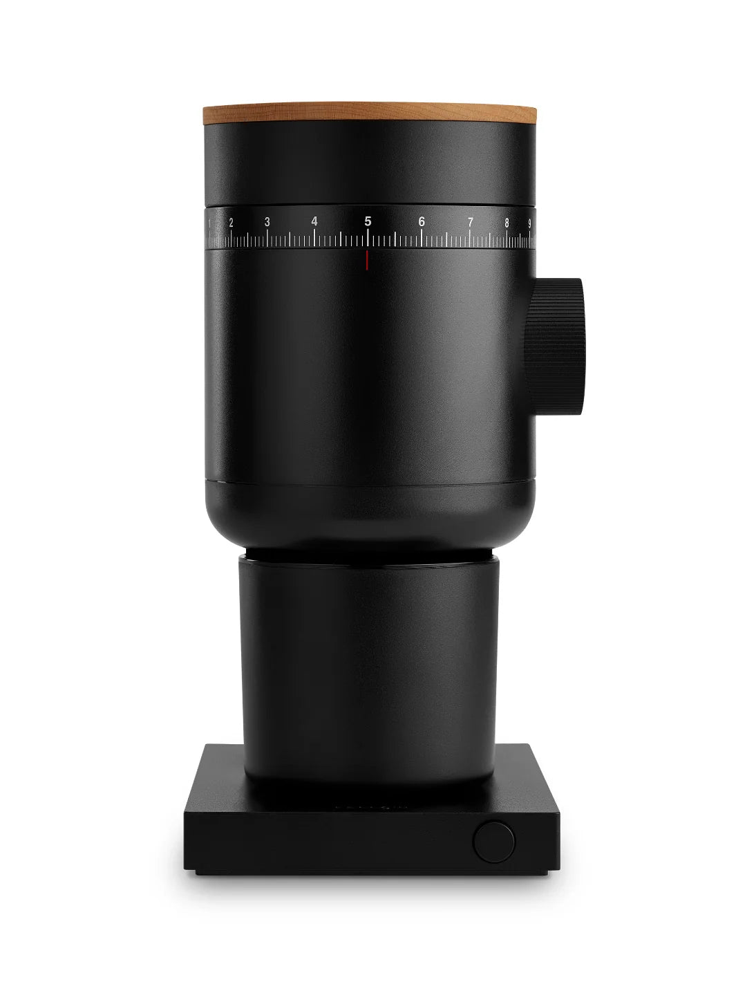 Black coffee grinder with wooden top on a white background