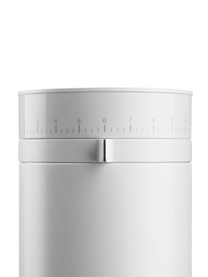 White Opus coffee grinder close up of adjustment dial