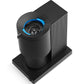 Black coffee grinder with blue adjustment ring on a white background