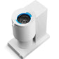 White coffee grinder with blue adjustment ring and view of the burrs