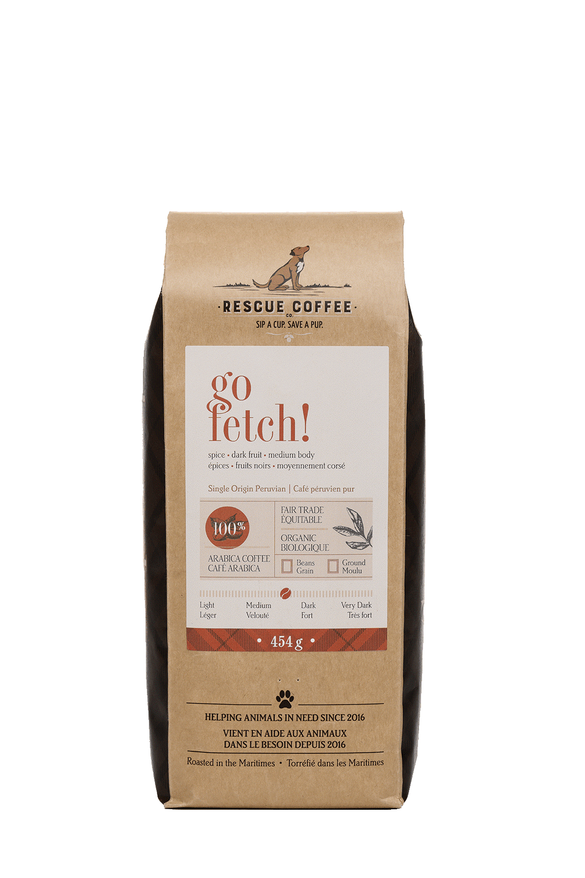 Rescue Coffee bag with 'go fetch!' text on a black background