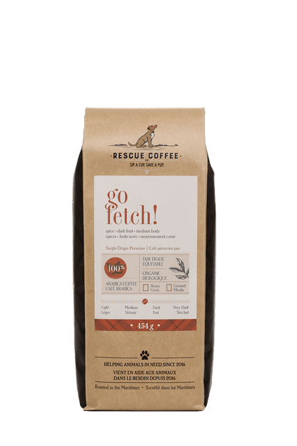 Rescue Coffee bag with 'go fetch!' text on a black background