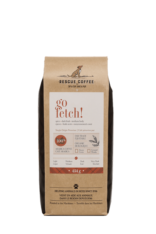Rescue Coffee bag with 'go fetch!' text on a black background