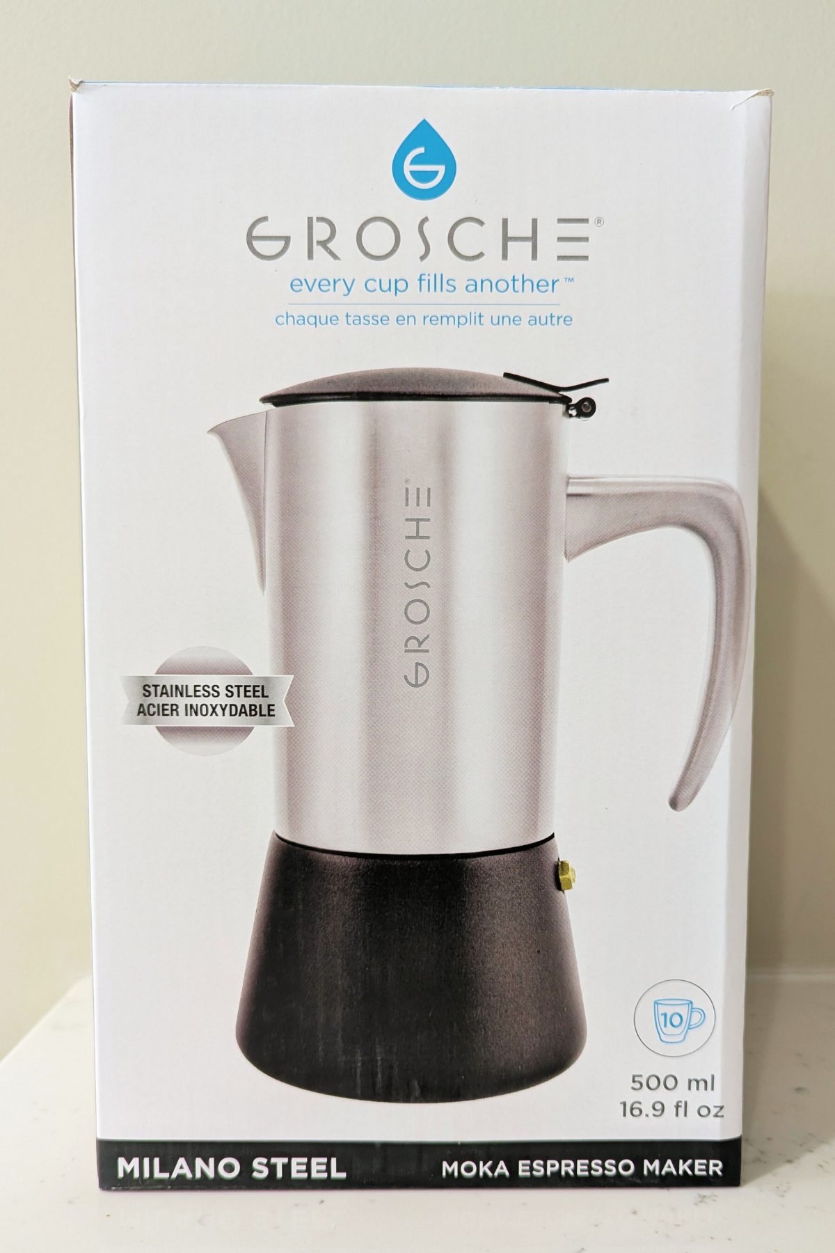 Grosche Milano Steel Moka Espresso Maker packaging on a white background