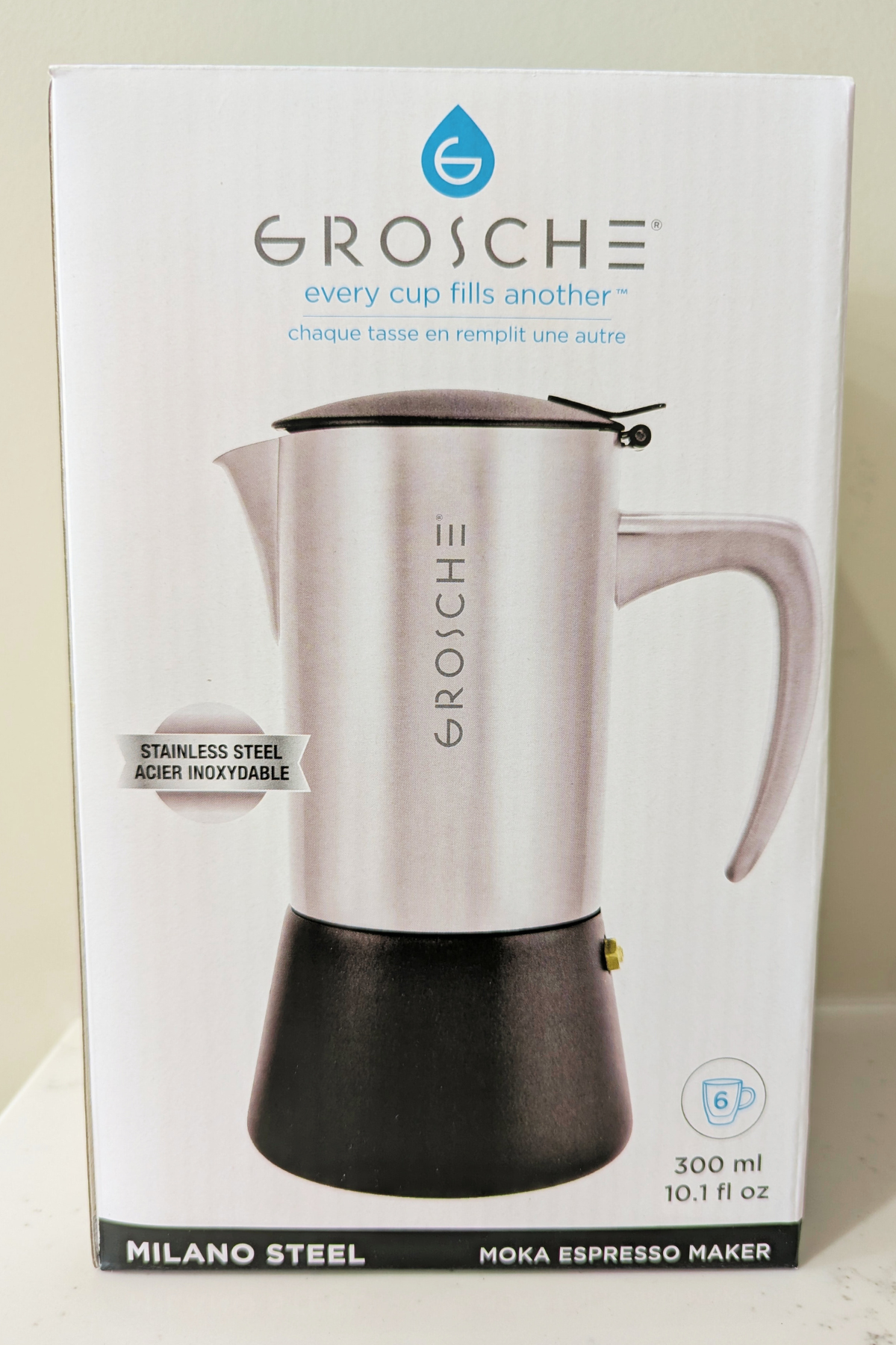 Grosche Milano Steel Moka Espresso Maker packaging on a white background