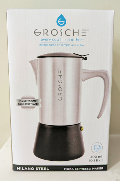 Grosche Milano Steel Moka Espresso Maker packaging on a white background