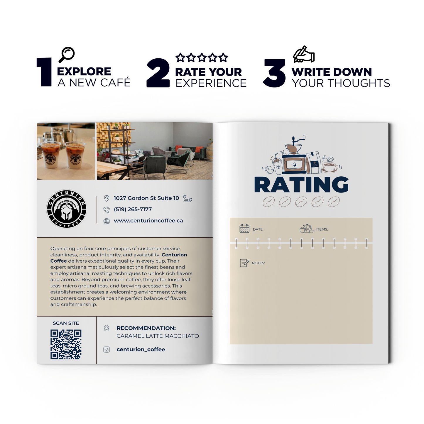 Open brochure with coffee shop rating and feedback form on a white background. GuelphCafePassport