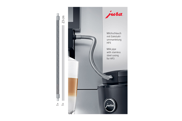 Jura milk pipe packaging with product and branding details on a white  HP3 Box