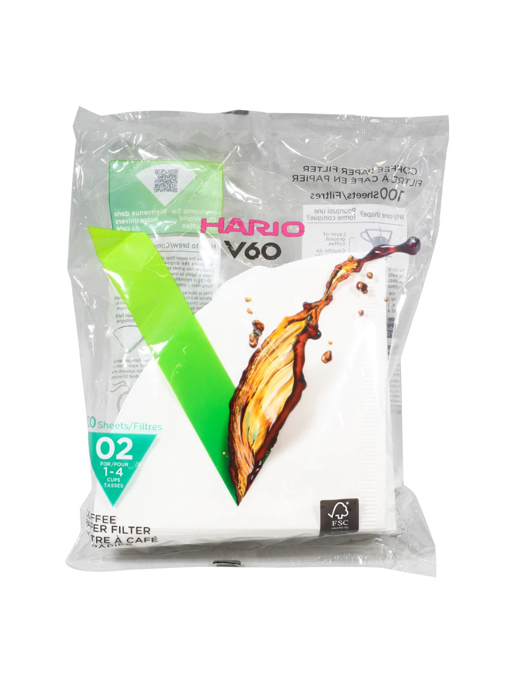 Hario V60 coffee filter packaging with green and white design on a white background