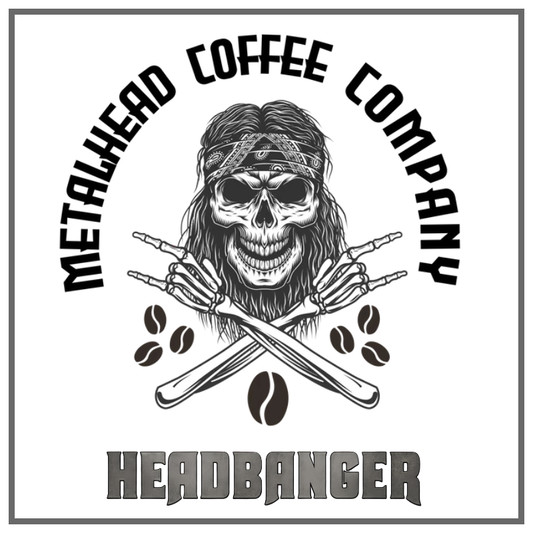 A black and white graphic design featuring a skull with long hair, a bandana, crossed baseball bats, coffee beans, and the text 'METALHEAD COFFEE COMPANY' arched above and 'HEADBANGER' below, all on a white background with a thin gray border.