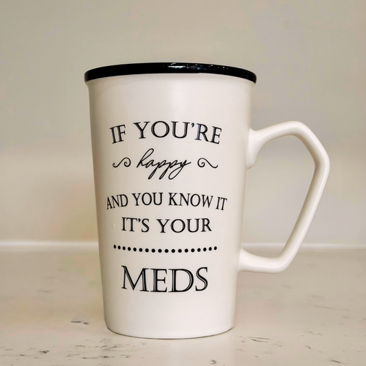 White humour mug with black text