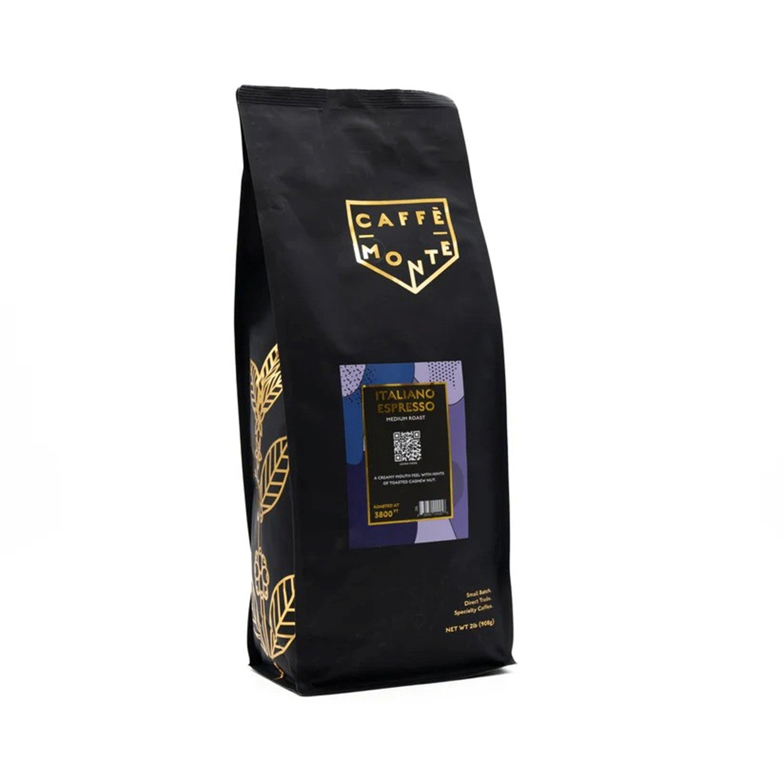 Caffe Monte Italiano Espresso coffee bag with gold accents, gold floural images along the side on a white background