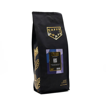 Caffe Monte Italiano Espresso coffee bag with gold accents, gold floural images along the side on a white background