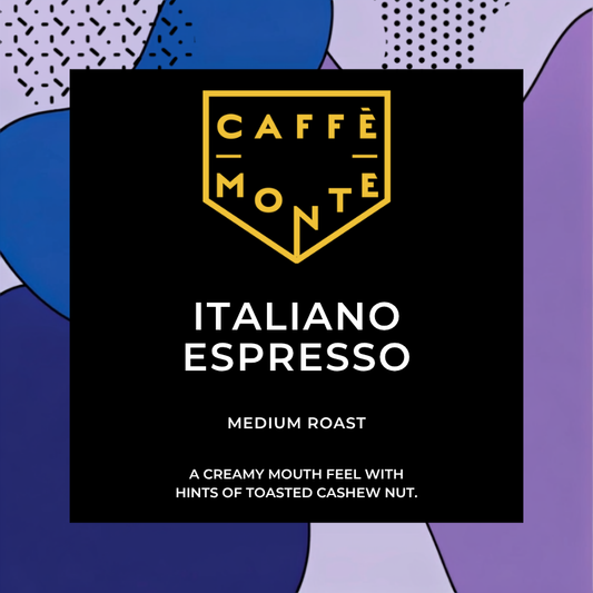 A square product graphic for Caffè Monte Italiano Espresso, featuring a black central panel with a gold shield logo and white text, set against an abstract background of blue, purple, and lavender shapes.