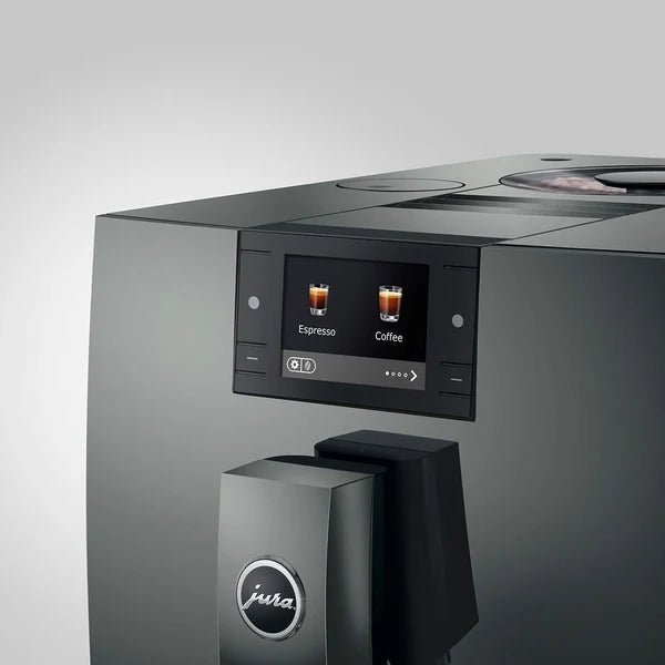 Gray coffee machine with digital display on a white background