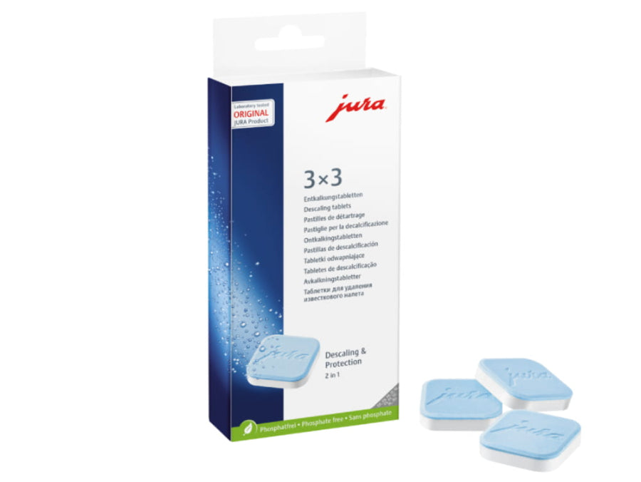 Jura coffee machine cleaning tablets with packaging on a white background