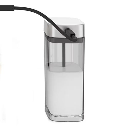 Clear carafe with black lid and hose on a white background