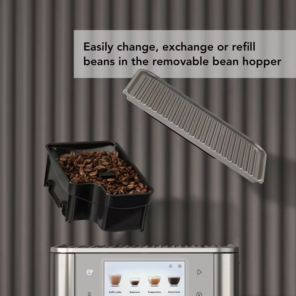 Removable bean hopper with coffee beans and text on a striped background