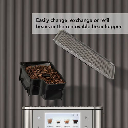 Removable bean hopper with coffee beans and text on a striped background