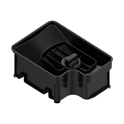 Black plastic container with no lid on a white background