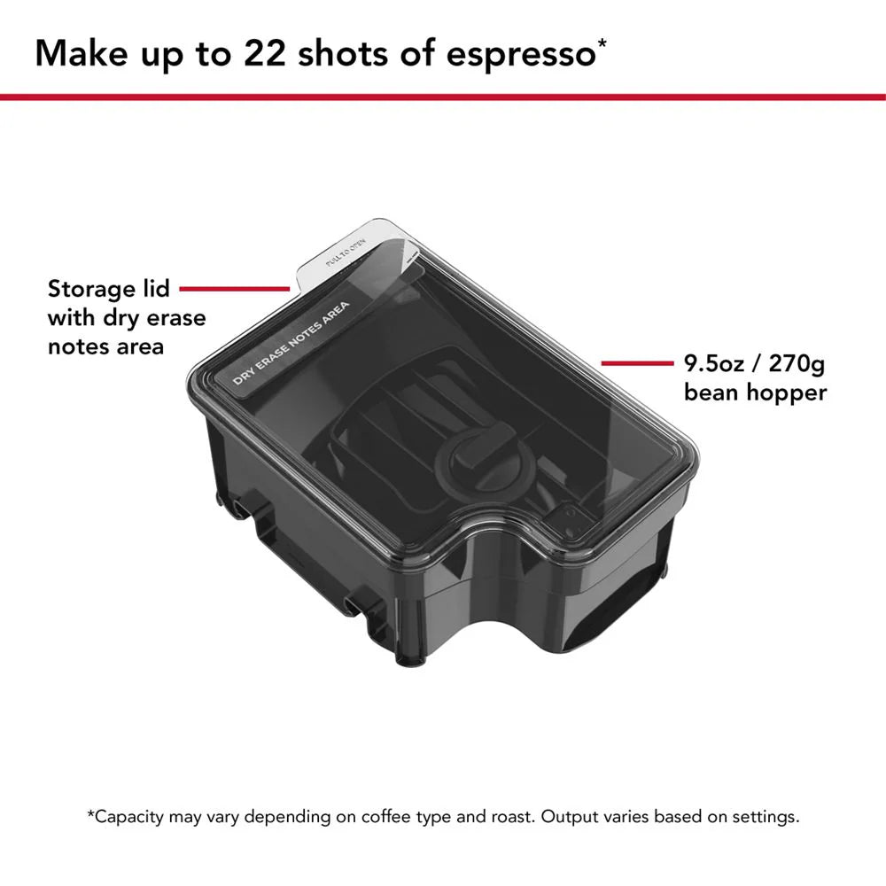Black coffee bean hopper with a transparent lid, shown on a white background with callout text indicating storage lid and 9.5oz bean hopper capacity.