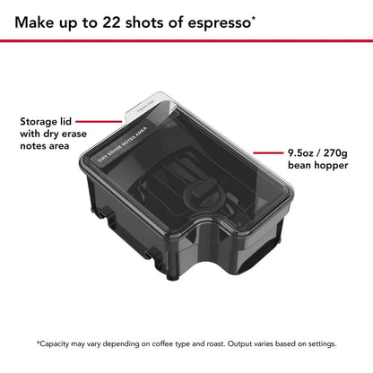 Black coffee bean hopper with a transparent lid, shown on a white background with callout text indicating storage lid and 9.5oz bean hopper capacity.