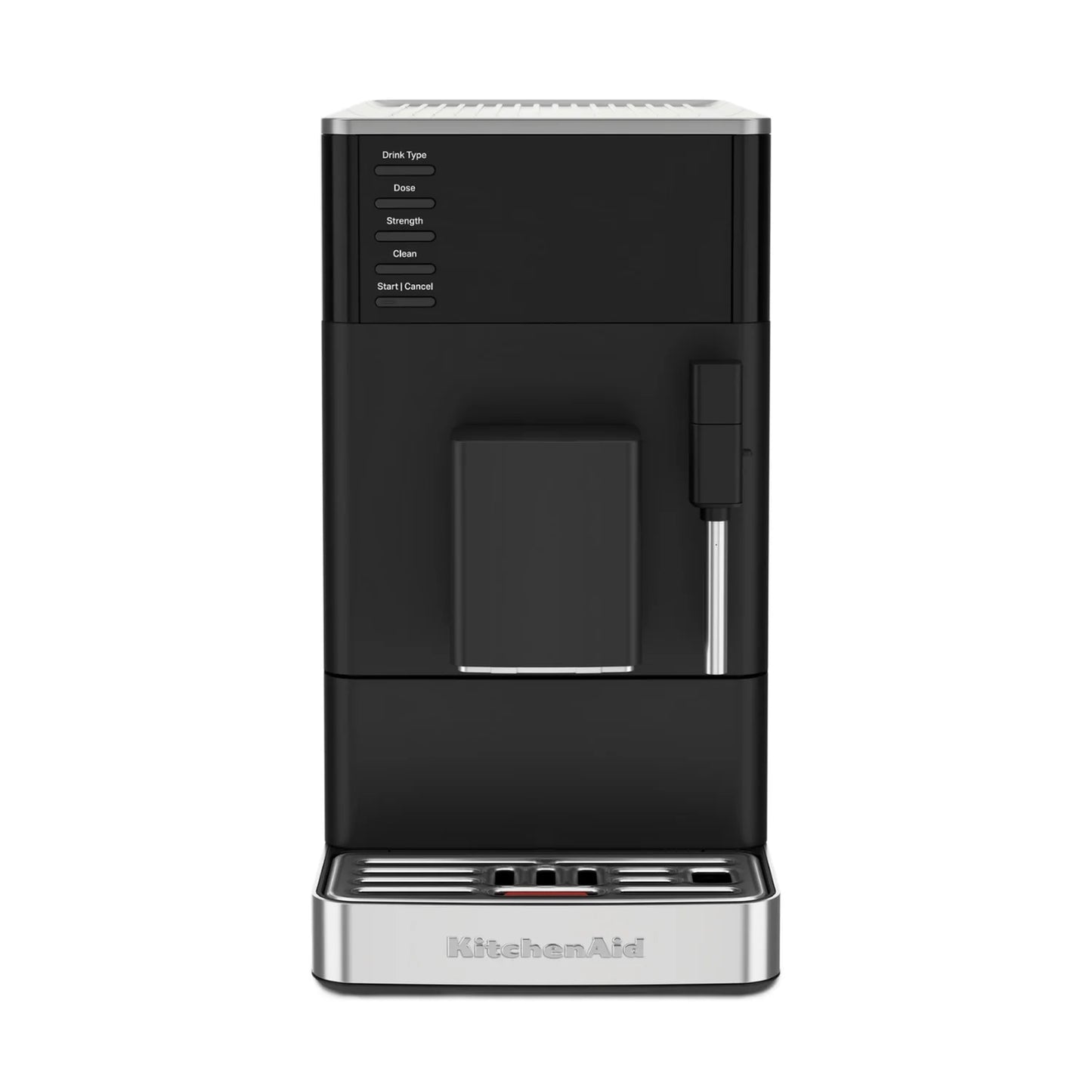 A KitchenAid automatic espresso machine in black with silver accents, shown from the front against a plain white background.